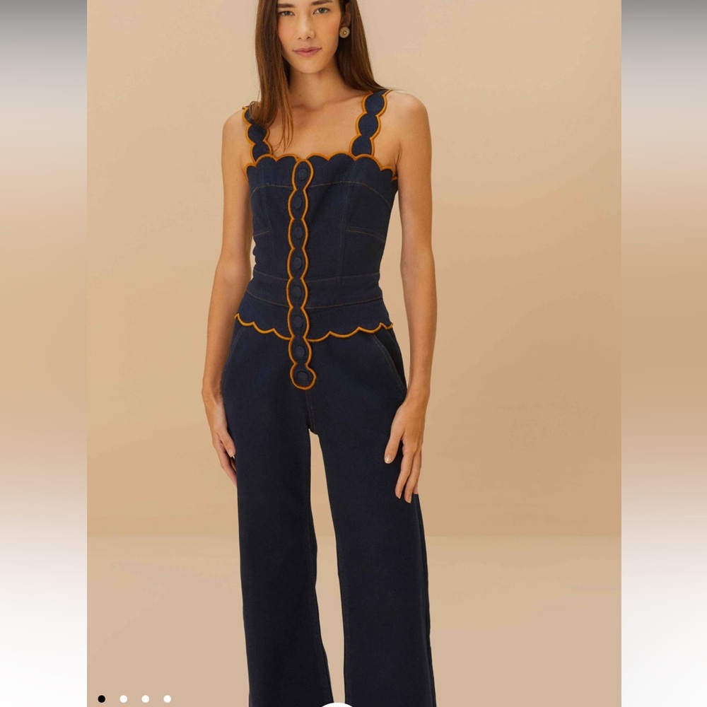 FARM Rio Dark Denim Wavy Trim Jumpsuit - Picture 2 of 7
